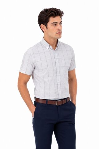 Erkek Ekose Klasik Tek Cepli Kısa Kol Gömlek BGL-ST05570 BEJ - M
