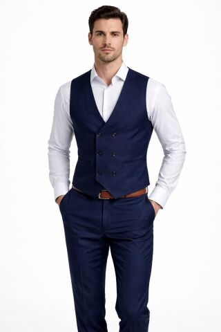 Erkek Silim Fit Yelekli Çift Yırtmaçlı Takım Elbise BGL-ST05327 LACİVERT - 58