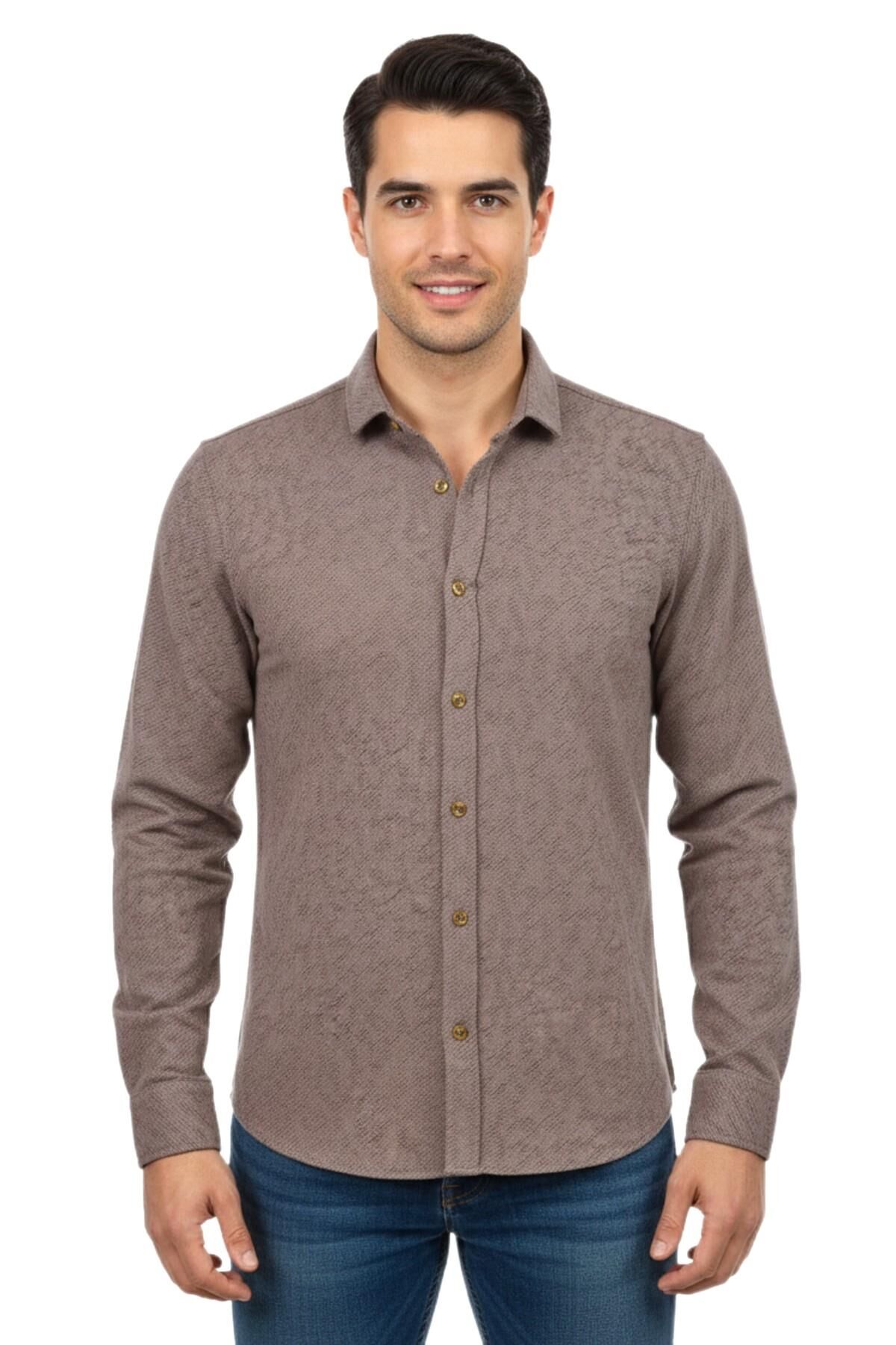 Erkek Spor Silim Fit Dokuma Gömlek BGL-ST04946 VİZON - 2XL