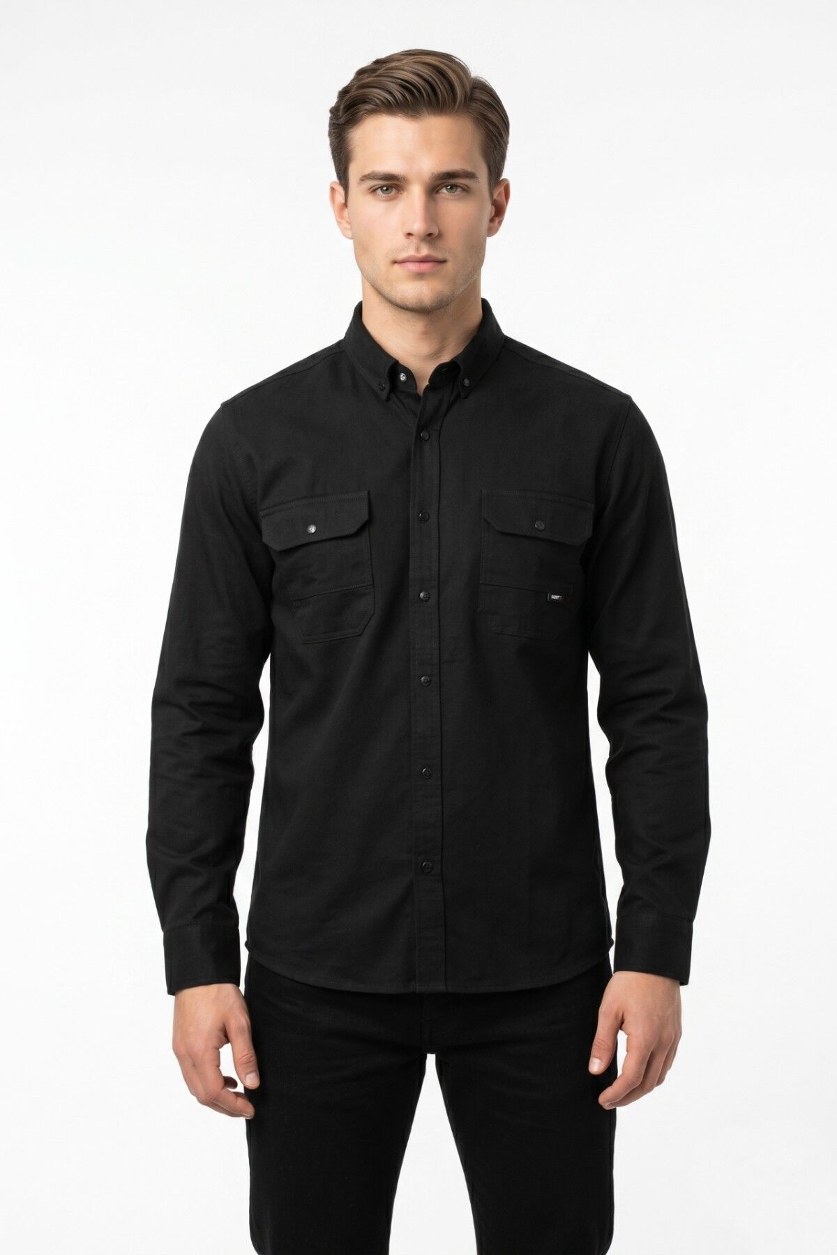 Erkek Spor Likralı Çift Cep Kapaklı Gömlek BGL-ST05467 SİYAH - 5XL