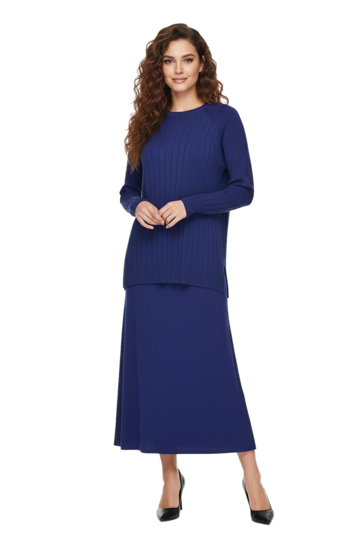 Kadın Merserize Kazak Etek Takım 140286 BGL-ST04077 LACİVERT - L/XL