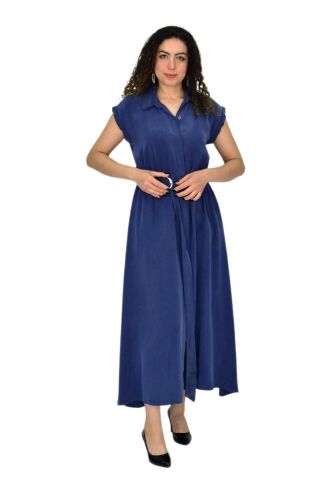 Kadın Beli Kemerli Elbise BGL-ST04639 İNDİGO - M