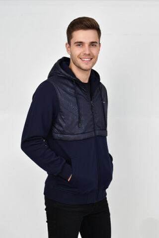 Erkek Kapitone Modelli 3 İplik Kapüşonlu Sweatshirt BGL-ST04865 LACİVERT - M
