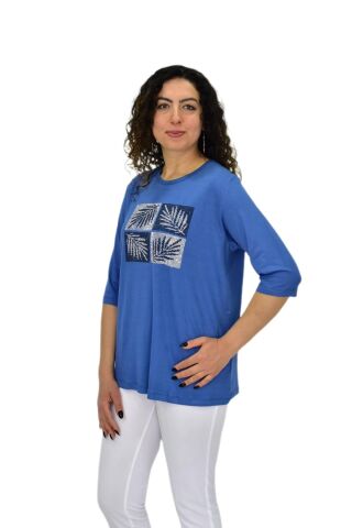 Kadın Kısa Kol Taşlı Bluz BGL-ST04710 MAVİ - XL