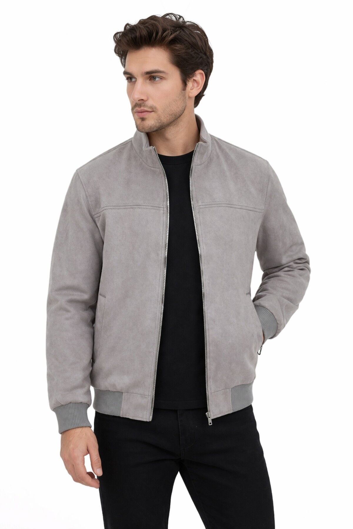 Erkek Regular Fit Mevsimlik Hakim Yaka Süet Spor Mont BGL-ST05333 A.GRİ - S