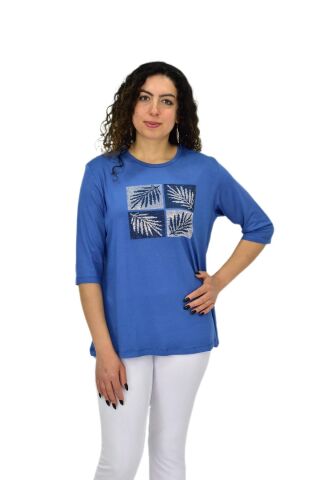 Kadın Kısa Kol Taşlı Bluz BGL-ST04710 MAVİ - XL