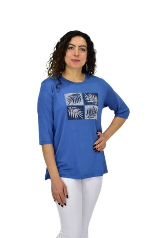 Kadın Kısa Kol Taşlı Bluz BGL-ST04710 MAVİ - XL