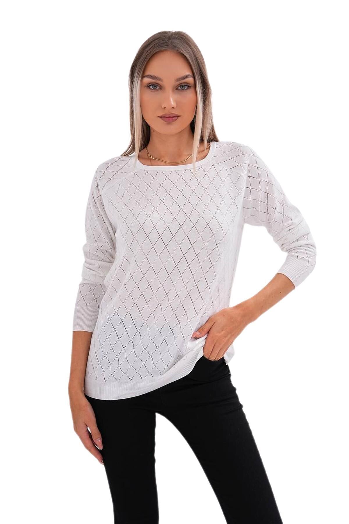 Kadın Baklava Dilimi Desenli Kazak 12781 BGL-ST04110 BEYAZ - M/L