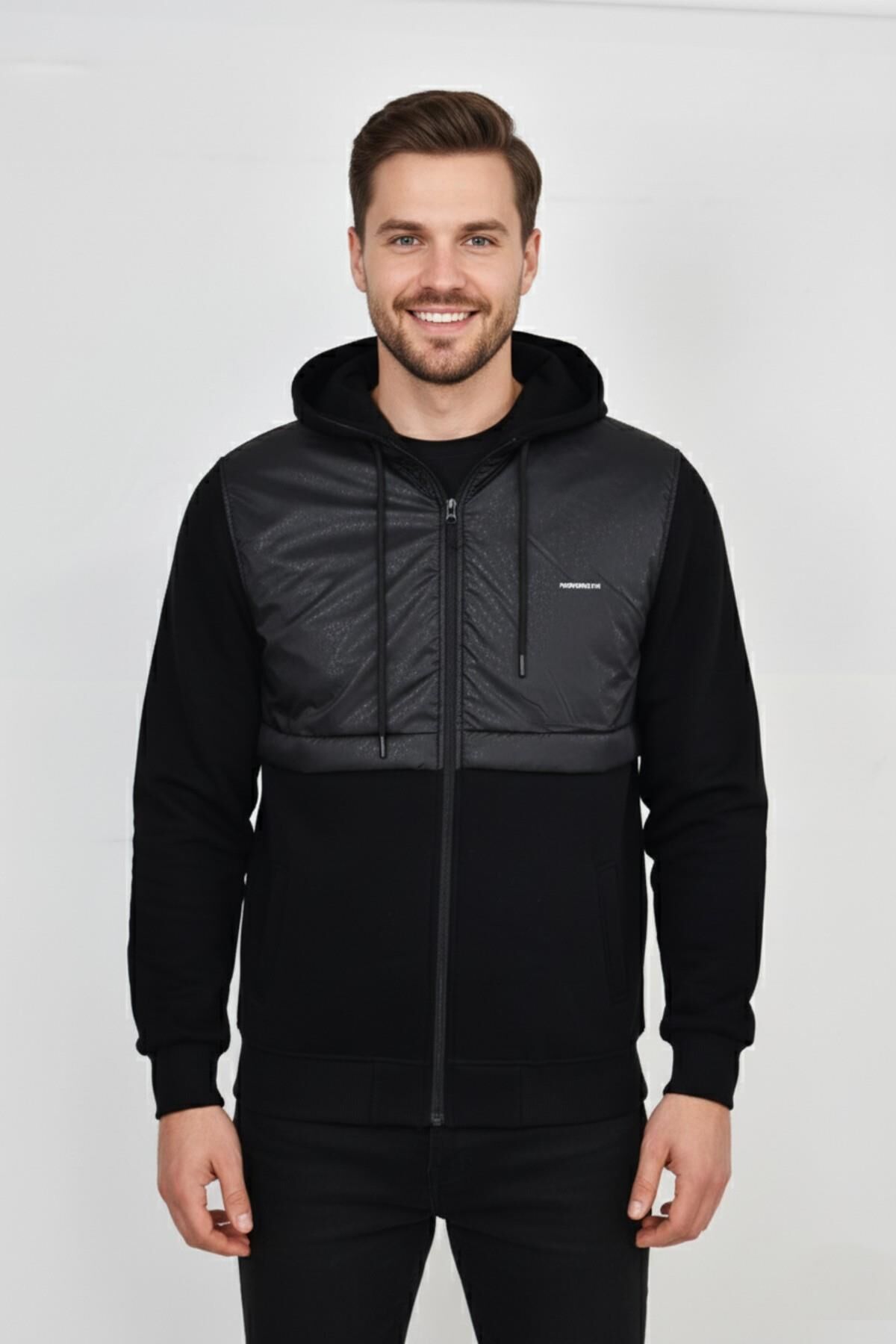 Erkek Kapitone Modelli 3 İplik Kapüşonlu Sweatshirt BGL-ST04865 SİYAH - L