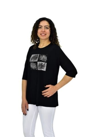 Kadın Kısa Kol Taşlı Bluz BGL-ST04710 SİYAH - M