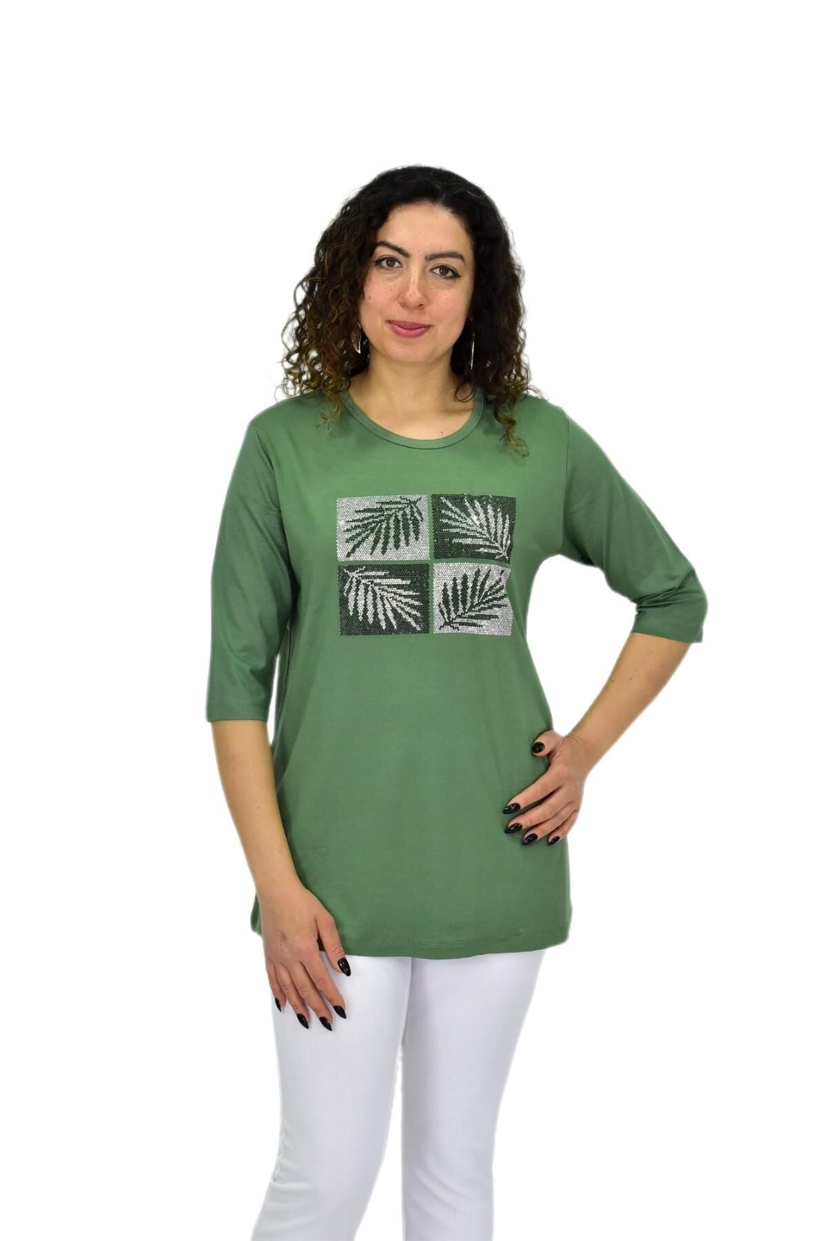 Kadın Kısa Kol Taşlı Bluz BGL-ST04710 YEŞİL - 2XL