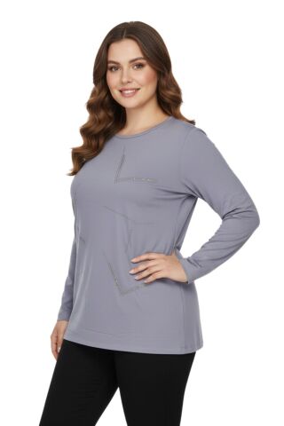 Kadın Gri Sıfır Yaka Taşlı Bluz BGL-ST05151 GRİ - XL