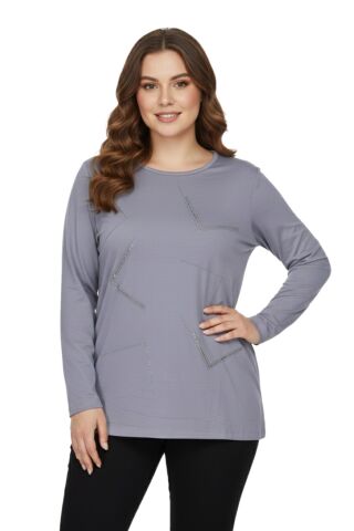 Kadın Gri Sıfır Yaka Taşlı Bluz BGL-ST05151 GRİ - 2XL