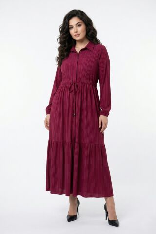 Kadın Uzun Kol Lastikli Kabartma Çizgili Elbise BGL-ST04676