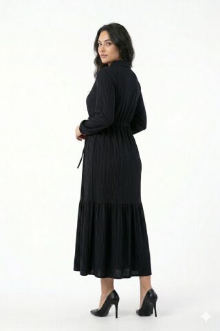 Kadın Uzun Kol Lastikli Kabartma Çizgili Elbise BGL-ST04676