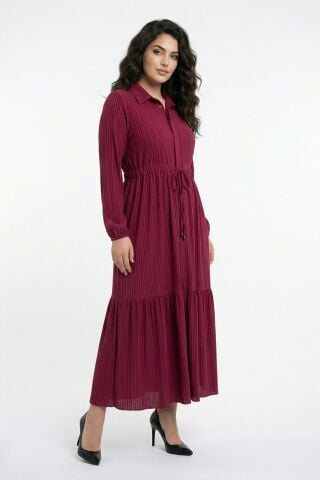 Kadın Uzun Kol Lastikli Kabartma Çizgili Elbise BGL-ST04676