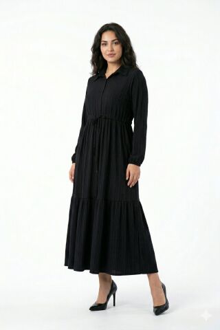 Kadın Uzun Kol Lastikli Kabartma Çizgili Elbise BGL-ST04676