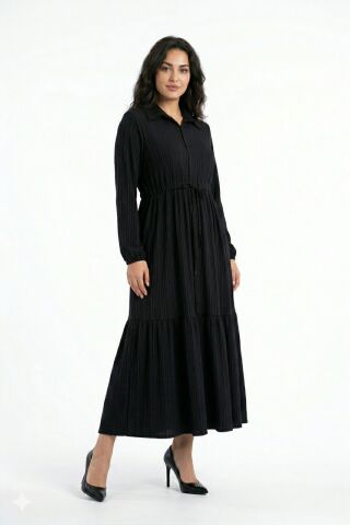 Kadın Uzun Kol Lastikli Kabartma Çizgili Elbise BGL-ST04676