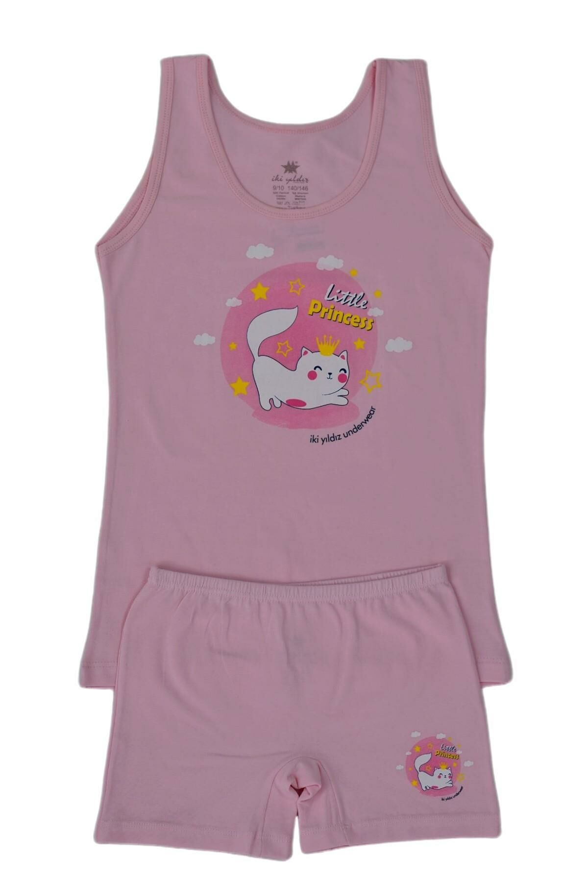 Kız Çocuk Kedi Baskılı Atlet Boxer Takım 8535 BGL-ST03482
