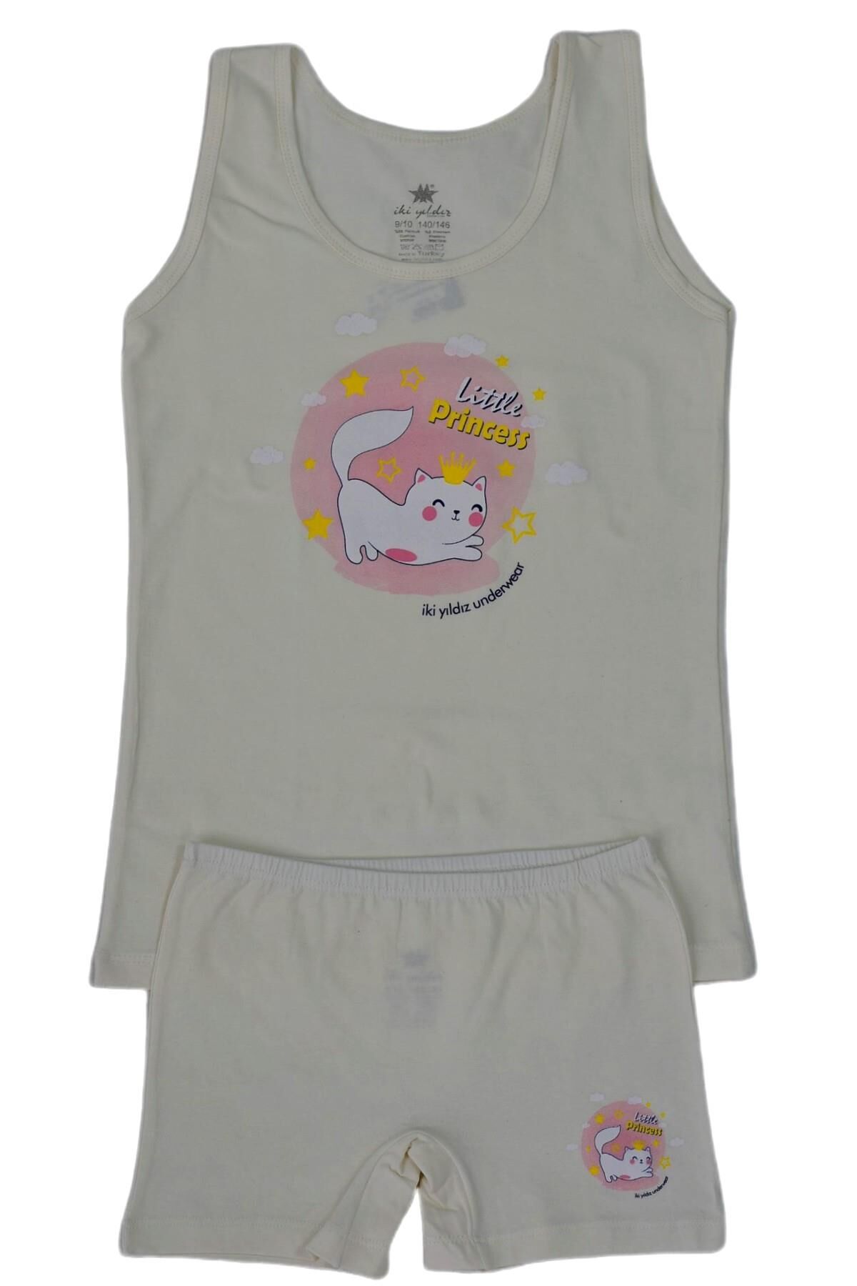 Kız Çocuk Kedi Baskılı Atlet Boxer Takım 8535 BGL-ST03482 EKRU - 9 YAŞ
