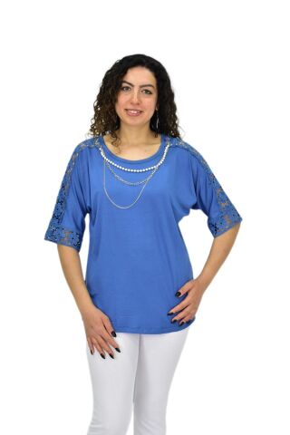 Kadın Kısa Kol Baskılı Bluz BGL-ST04708 MAVİ - XL