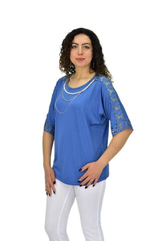 Kadın Kısa Kol Baskılı Bluz BGL-ST04708 MAVİ - XL