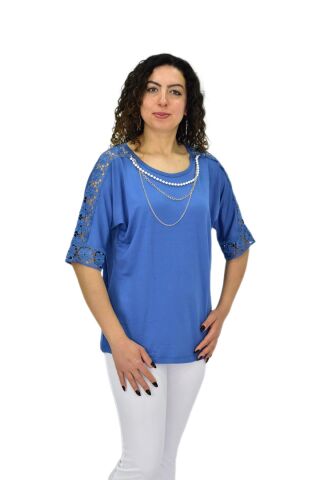 Kadın Kısa Kol Baskılı Bluz BGL-ST04708 MAVİ - XL