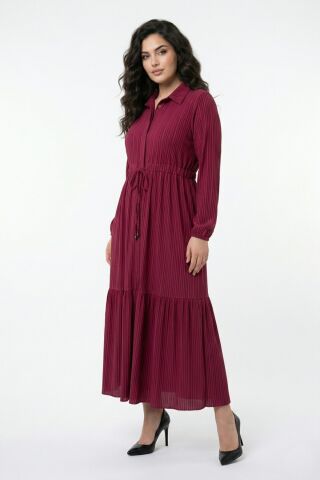 Kadın Uzun Kol Lastikli Kabartma Çizgili Elbise BGL-ST04676 BORDO - 44