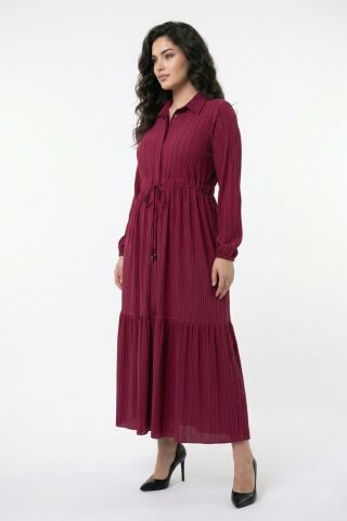 Kadın Uzun Kol Lastikli Kabartma Çizgili Elbise BGL-ST04676 BORDO - 44
