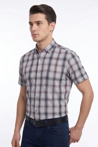 Erkek Ekose Klasik Tek Cepli Kısa Kol Gömlek BGL-ST05569 BORDO - 2XL