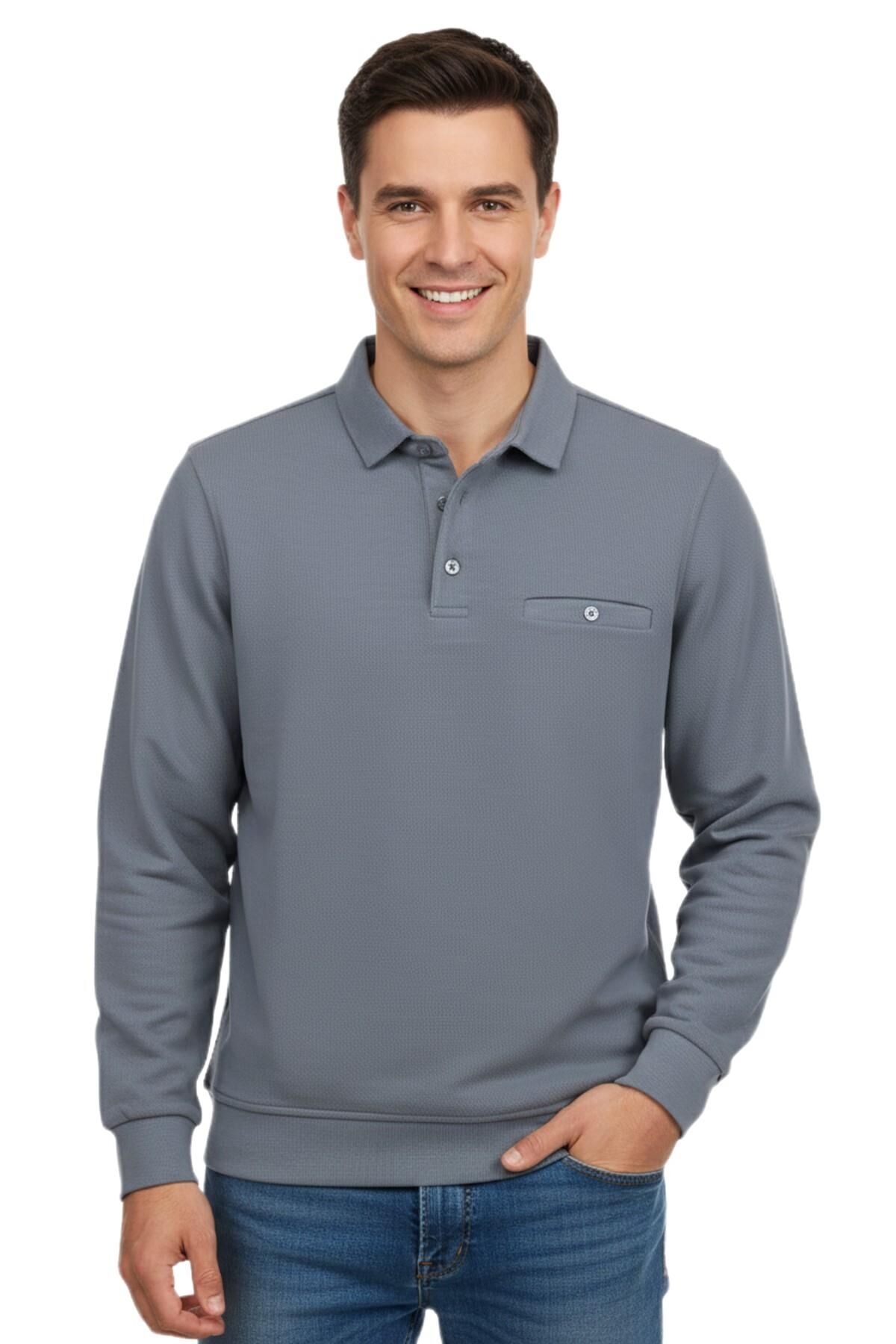 Erkek Gömlek Yaka Petek Doku Cepli Regular Fit Sweatshirt BGL-ST04956 GRİ - L