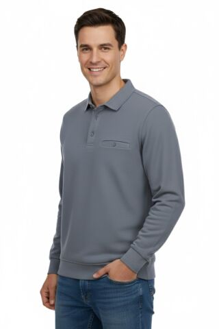 Erkek Gömlek Yaka Petek Doku Cepli Regular Fit Sweatshirt BGL-ST04956 GRİ - L