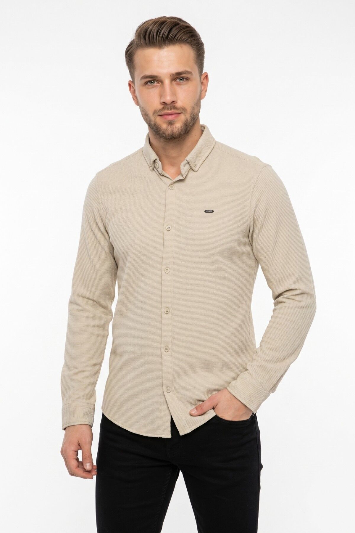 Erkek Spor Slim Fitt Uzun Kol  Gömlek BGL-ST05440 TAŞ - L