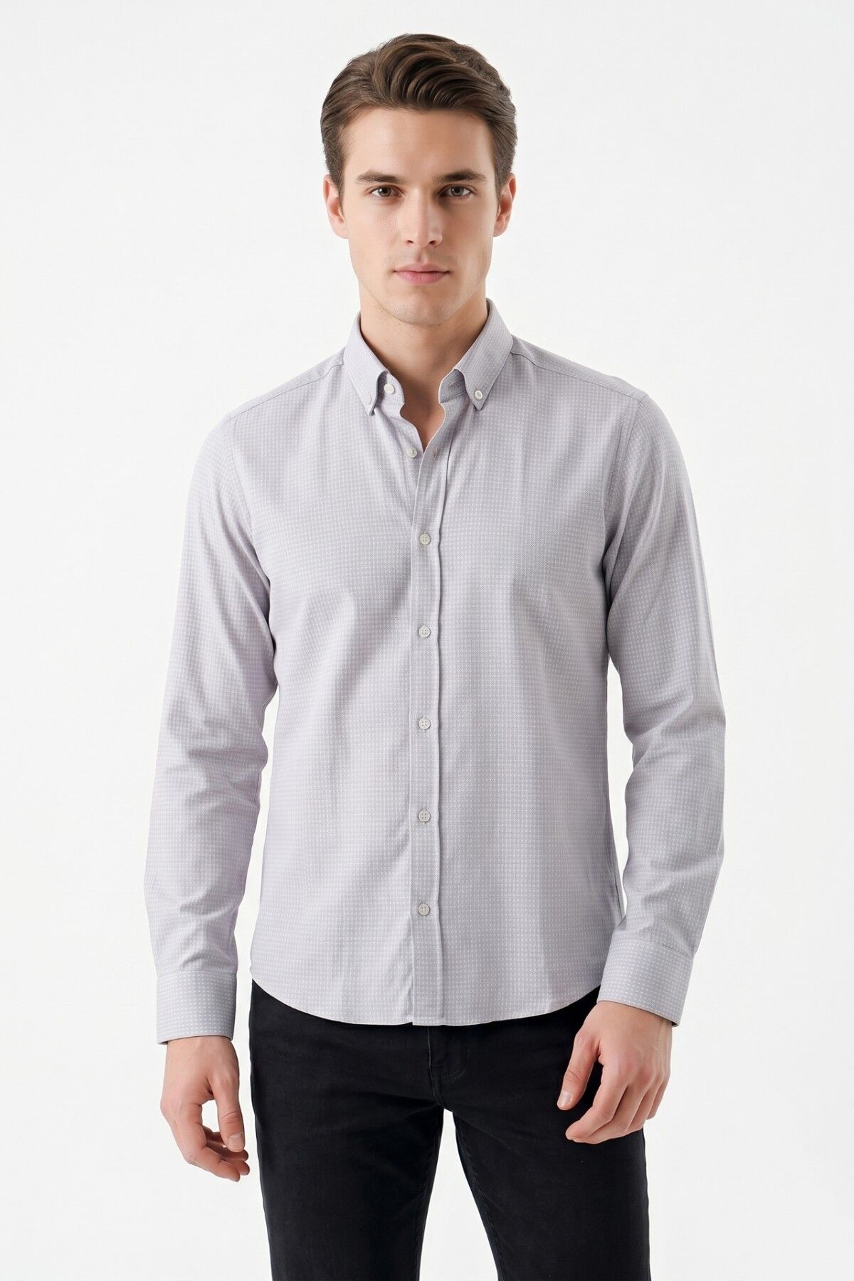 Erkek Spor Slim Fitt Uzun Kol  Gömlek BGL-ST05441 A.GRİ - M