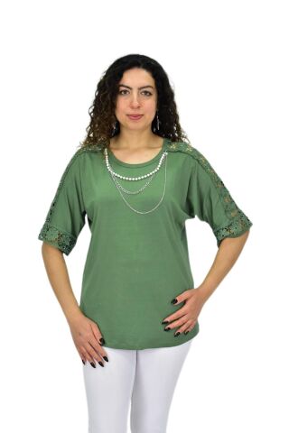 Kadın Kısa Kol Baskılı Bluz BGL-ST04708 YEŞİL - 2XL