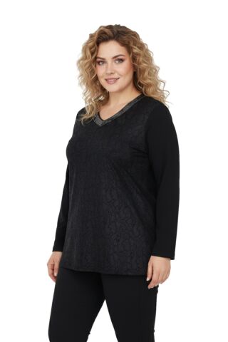 Kadın Siyah V Yaka Taşlı Bluz BGL-ST05149 SİYAH - XL