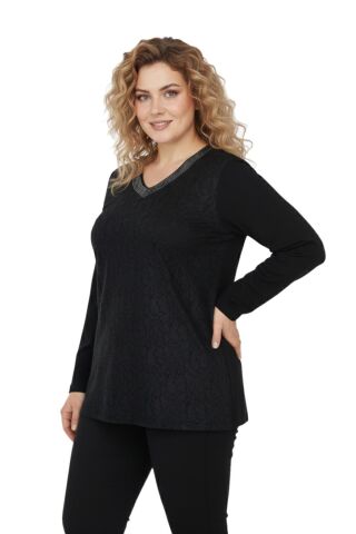 Kadın Siyah V Yaka Taşlı Bluz BGL-ST05149 SİYAH - XL