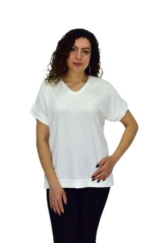 Kadın Yarım Kol V Yaka Taşlı Likralı Tişöt  BGL-ST04653 BORDO