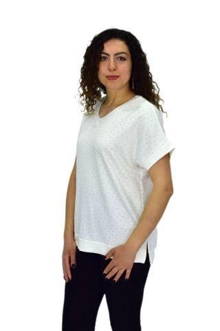 Kadın Yarım Kol V Yaka Taşlı Likralı Tişöt  BGL-ST04653 BORDO