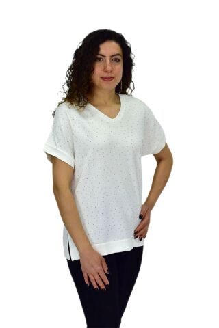 Kadın Yarım Kol V Yaka Taşlı Likralı Tişöt  BGL-ST04653 BORDO