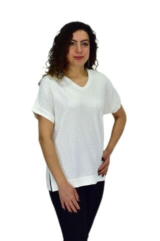 Kadın Yarım Kol V Yaka Taşlı Likralı Tişöt  BGL-ST04653