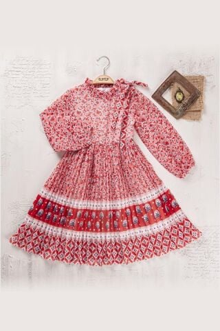Kız Çocuk Çiçek Piliseli Baskılı Elbise BGL-ST04444