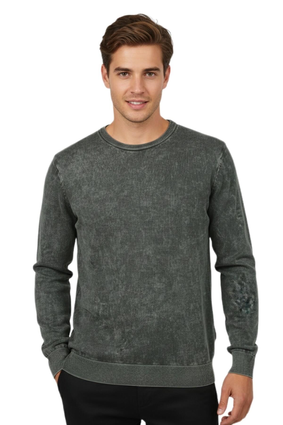 Erkek Spor Sıfır Yaka Taşlama Yıkamalı Regular Fit Kazak BGL-ST04952 HAKİ - S