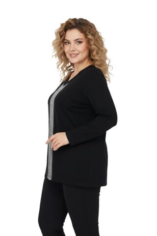 Kadın Siyah V Yaka Taşlı Bluz BGL-ST05150 SİYAH - M
