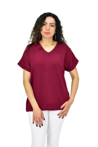 Kadın Yarım Kol V Yaka Taşlı Likralı Tişöt  BGL-ST04653 BORDO