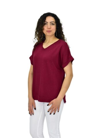 Kadın Yarım Kol V Yaka Taşlı Likralı Tişöt  BGL-ST04653 BORDO