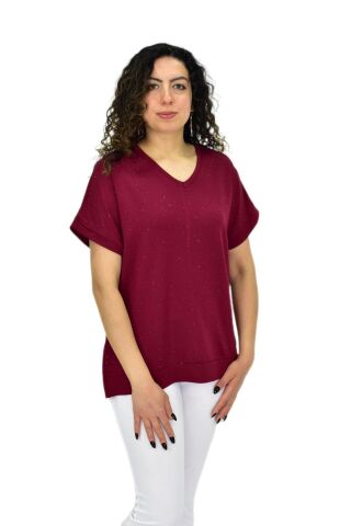 Kadın Yarım Kol V Yaka Taşlı Likralı Tişöt  BGL-ST04653 BORDO