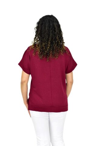 Kadın Yarım Kol V Yaka Taşlı Likralı Tişöt  BGL-ST04653 BORDO