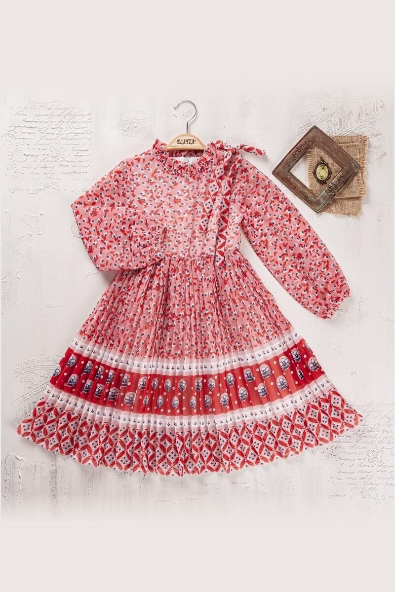 Kız Çocuk Çiçek Piliseli Baskılı Elbise BGL-ST04444 KIRMIZI - 6 YAŞ