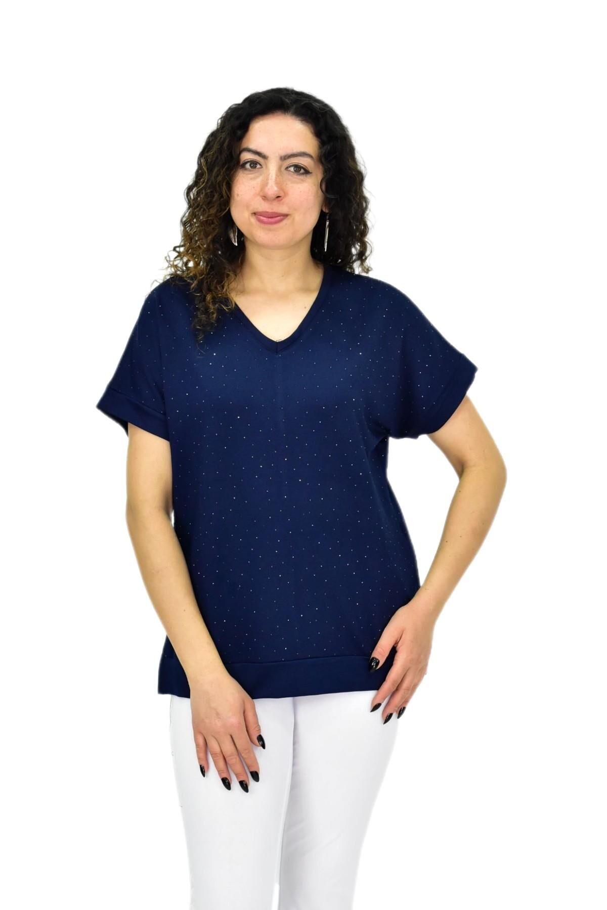 Kadın Yarım Kol V Yaka Taşlı Likralı Tişöt  BGL-ST04653 LACİVERT
